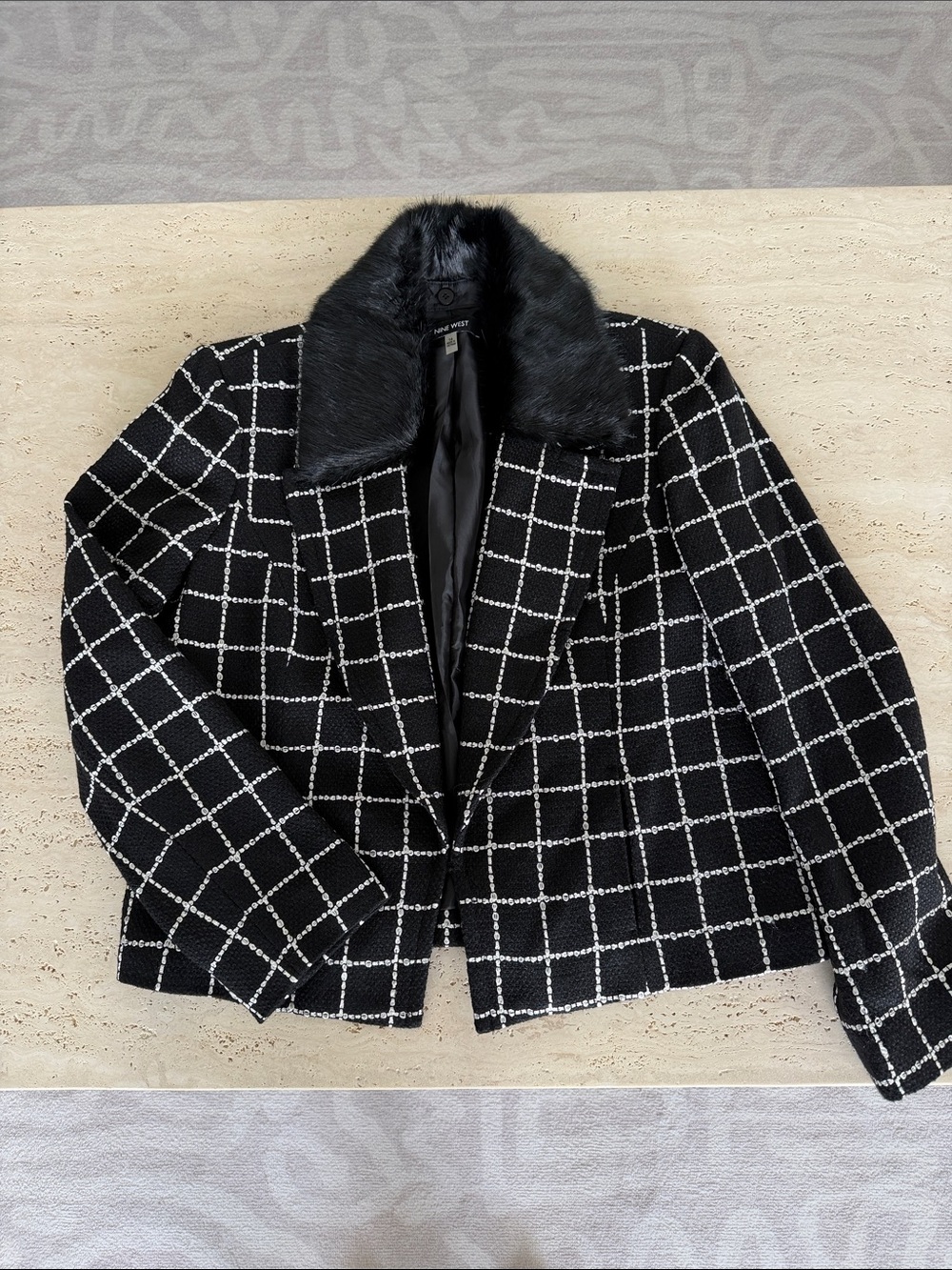 Classic Black Windowpane and Removable Faux-Fur Collar Jacket